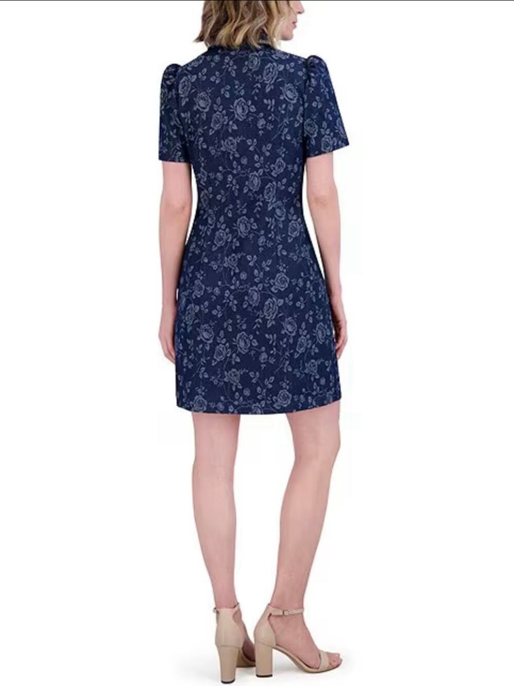 Eliza J Size 10 Denim Floral Shirt Dress Blue Rhinestone Button Front Mini - Picture 3 of 12
